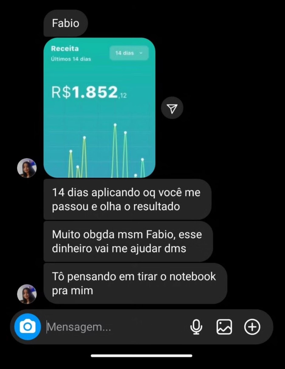 Print de painel mostrando R$ 1.852,12 de receita nos últimos 14 dias, enviado no Instagram